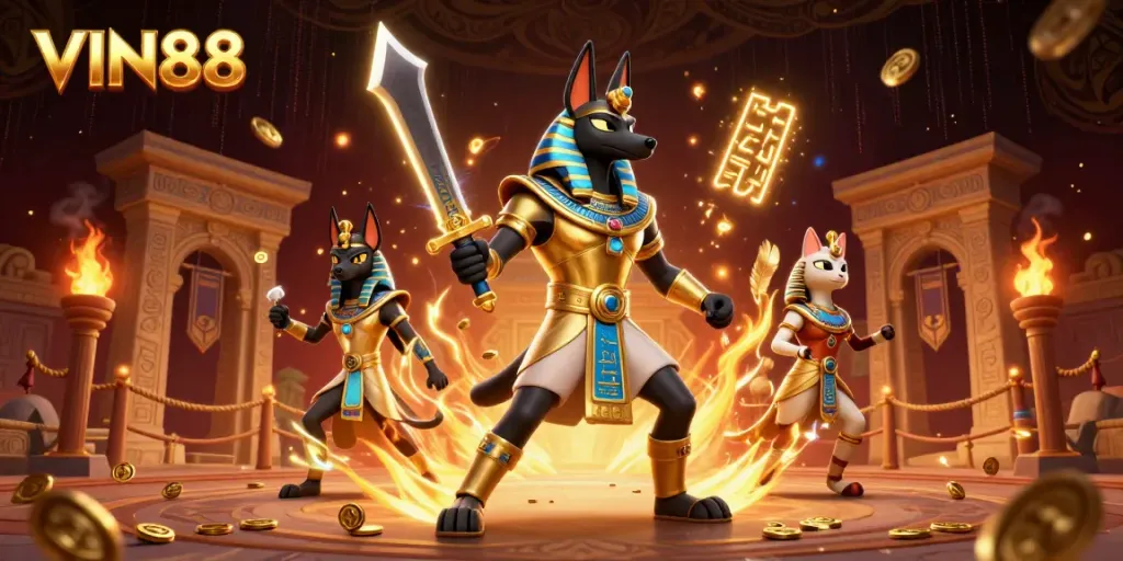Experience vibrant sports betting with VIN88 featuring Anubis and Bastet surrounded by dynamic casino elements.