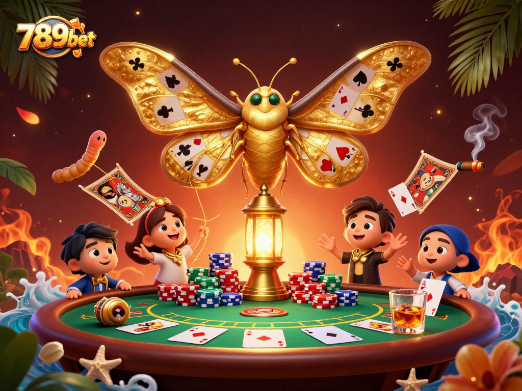 Immerse in 789bet's dynamic casino scene with a majestic moth and vibrant poker elements.