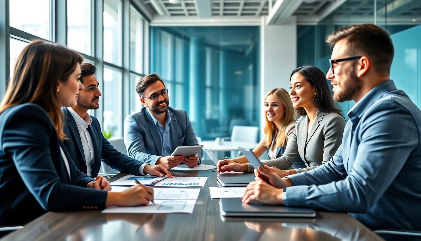 Mergers and acquisitions in the US discussed by diverse business professionals in a modern office.