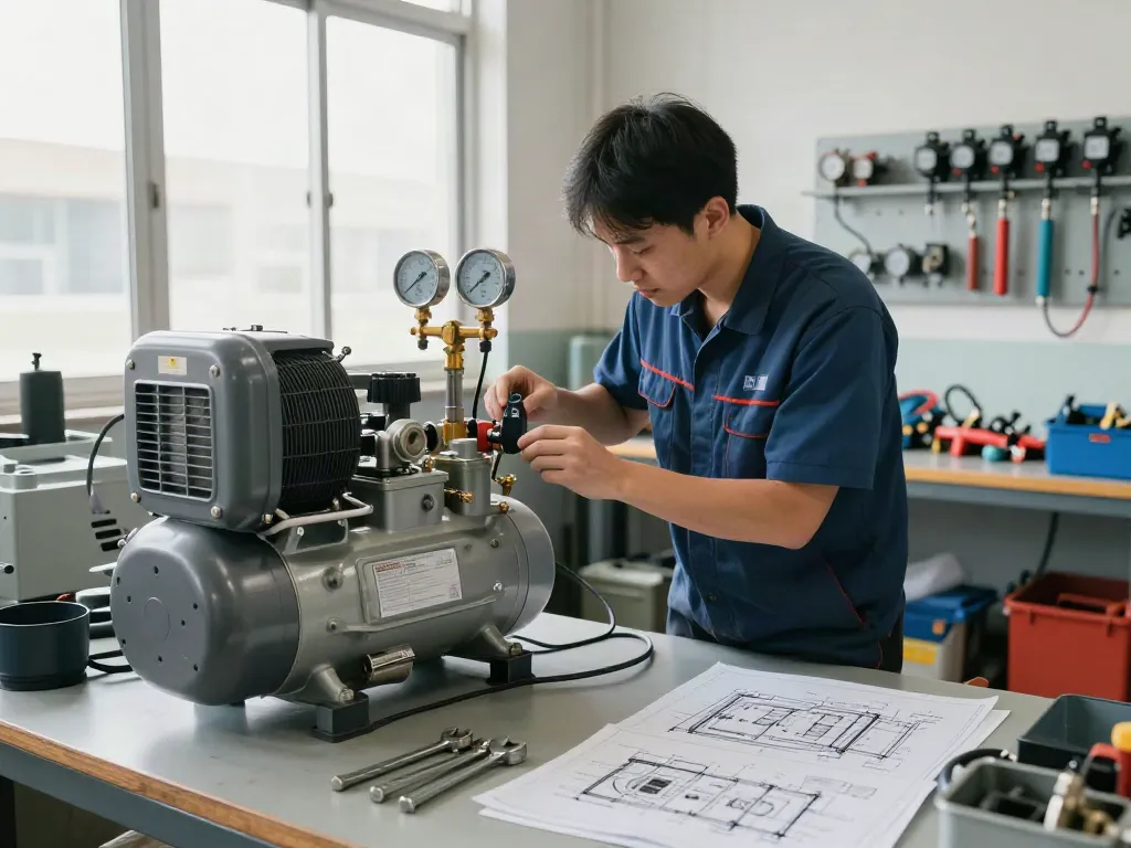 Technician adjusting an air compressor pressure switch in an industrial workshop.