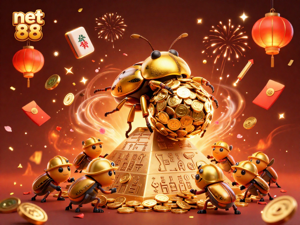 Experience the excitement of net 88 as golden beetles roll coins up a pyramid with vibrant casino symbols.