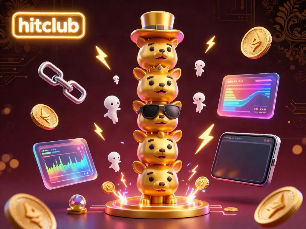Join the excitement at hitclub with a vibrant 3D casino illustration featuring animated lucky totem poles and cryptocurrency elements.