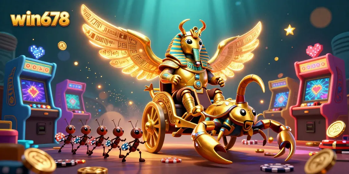Engage in thrilling games at win678 with a dazzling 3D casino scene featuring a golden scarab and poker chips.