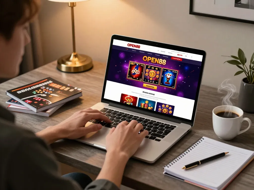 Player engaging with OPEN88 online gambling platform on laptop at home, showcasing strategic gameplay.