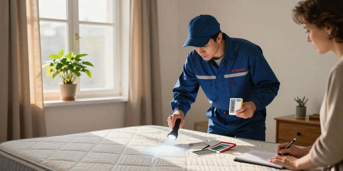 bed bug pest control expert inspecting mattress for signs of infestation in home setting