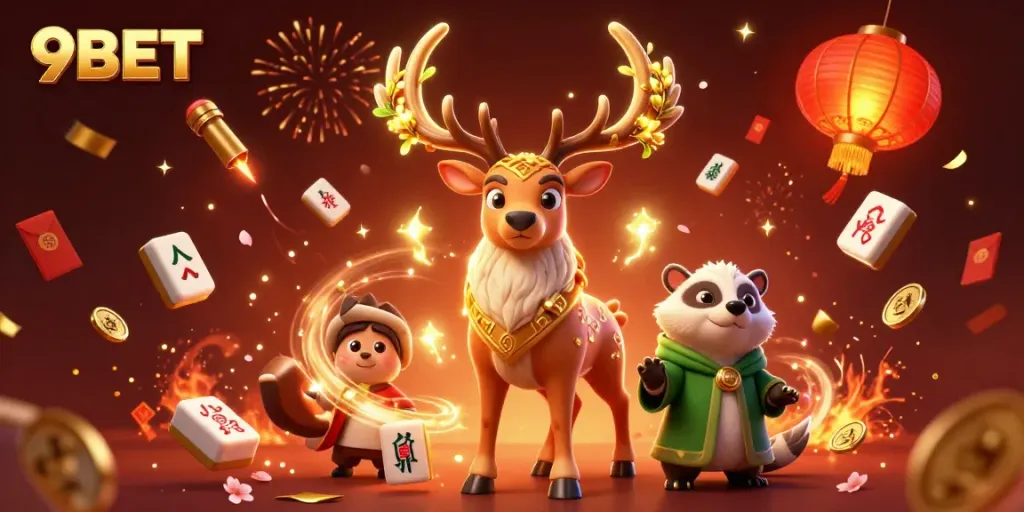 Engage in thrilling gaming at 9BET with a vibrant 3D illustration featuring lucky symbols.