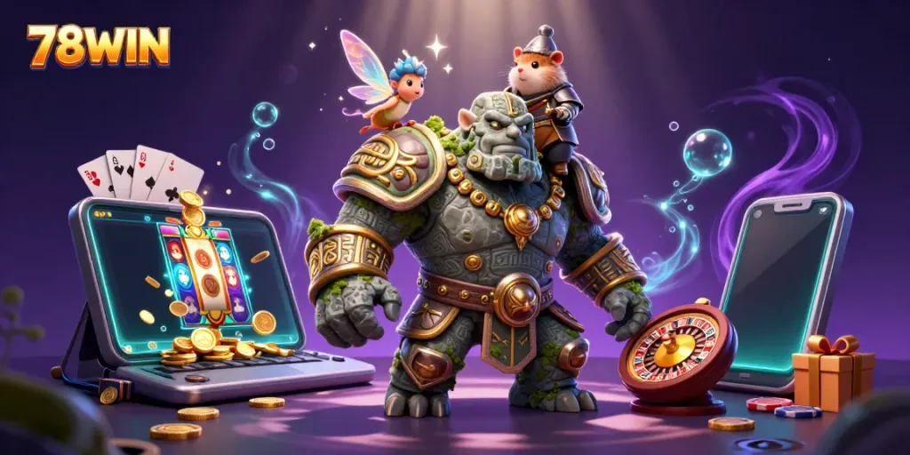 Experience thrilling gameplay with 78WIN as a dazzling golem and fairy unite in vibrant casino magic.