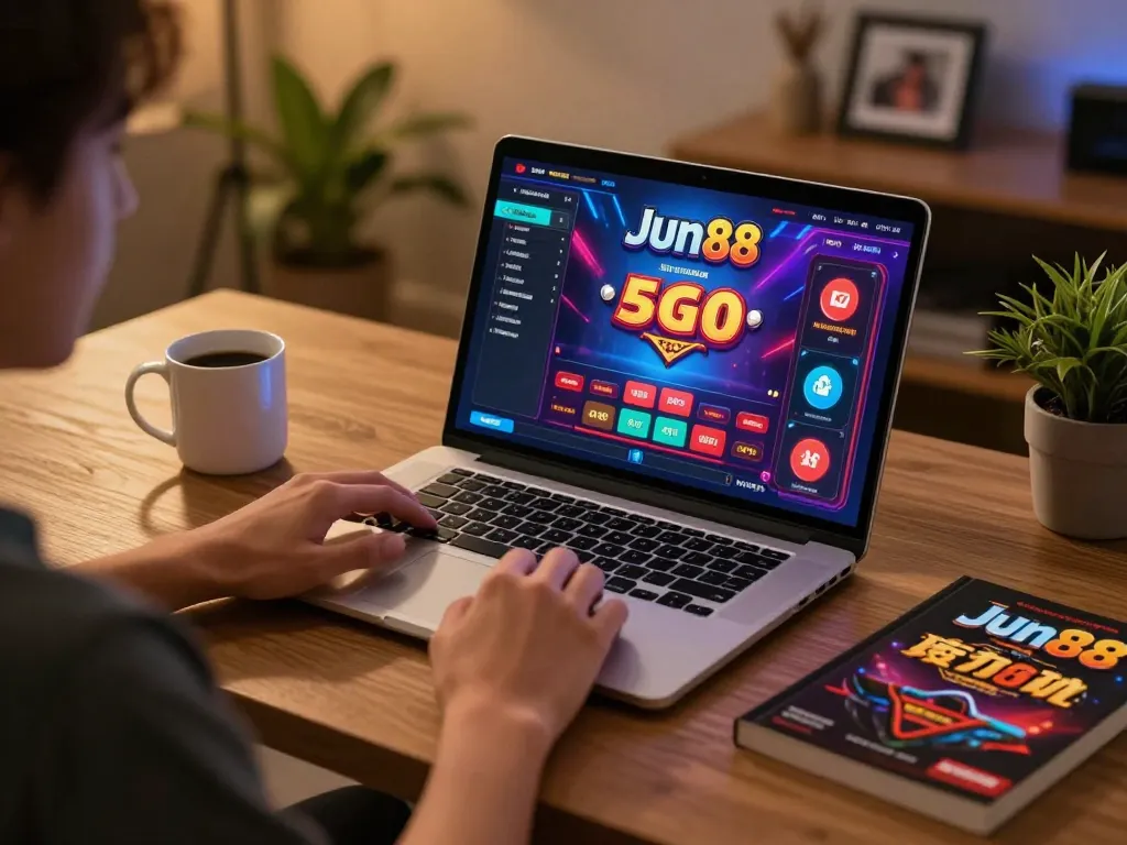Player betting on Jun88 online casino game while sipping coffee in a cozy home setting