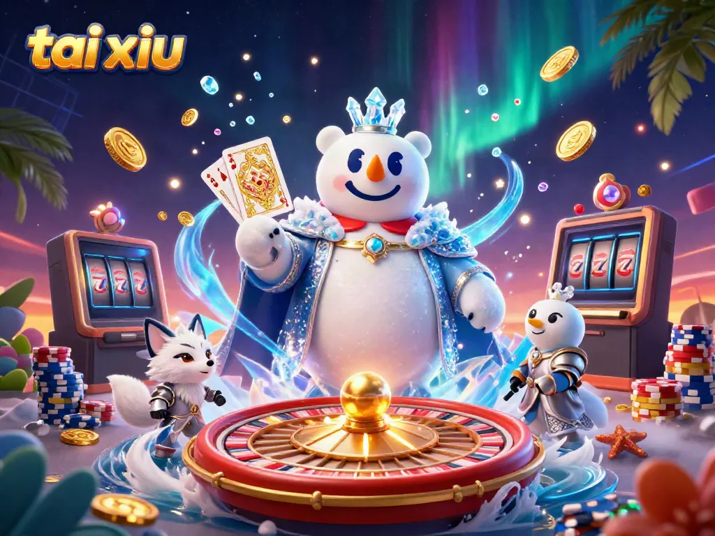 Experience tai xiu thrills with polar bear and fox, casino elements, and vibrant visuals.