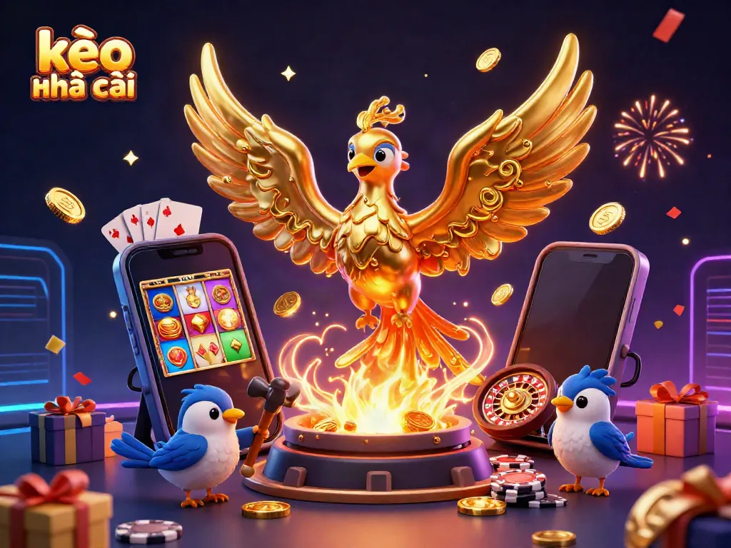 Engage with dynamic kèo nhà cái elements in an exciting 3D illustration showcasing a golden phoenix and gaming symbols.
