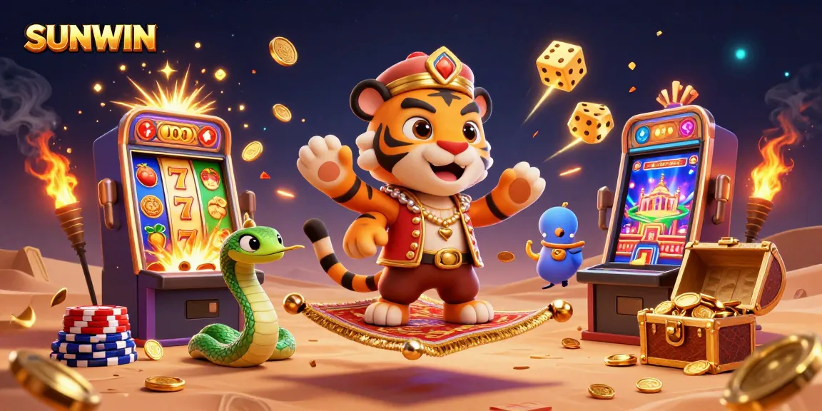 SUNWIN offers thrilling casino excitement with colorful slot machines and a vibrant game lobby in a magical scene.