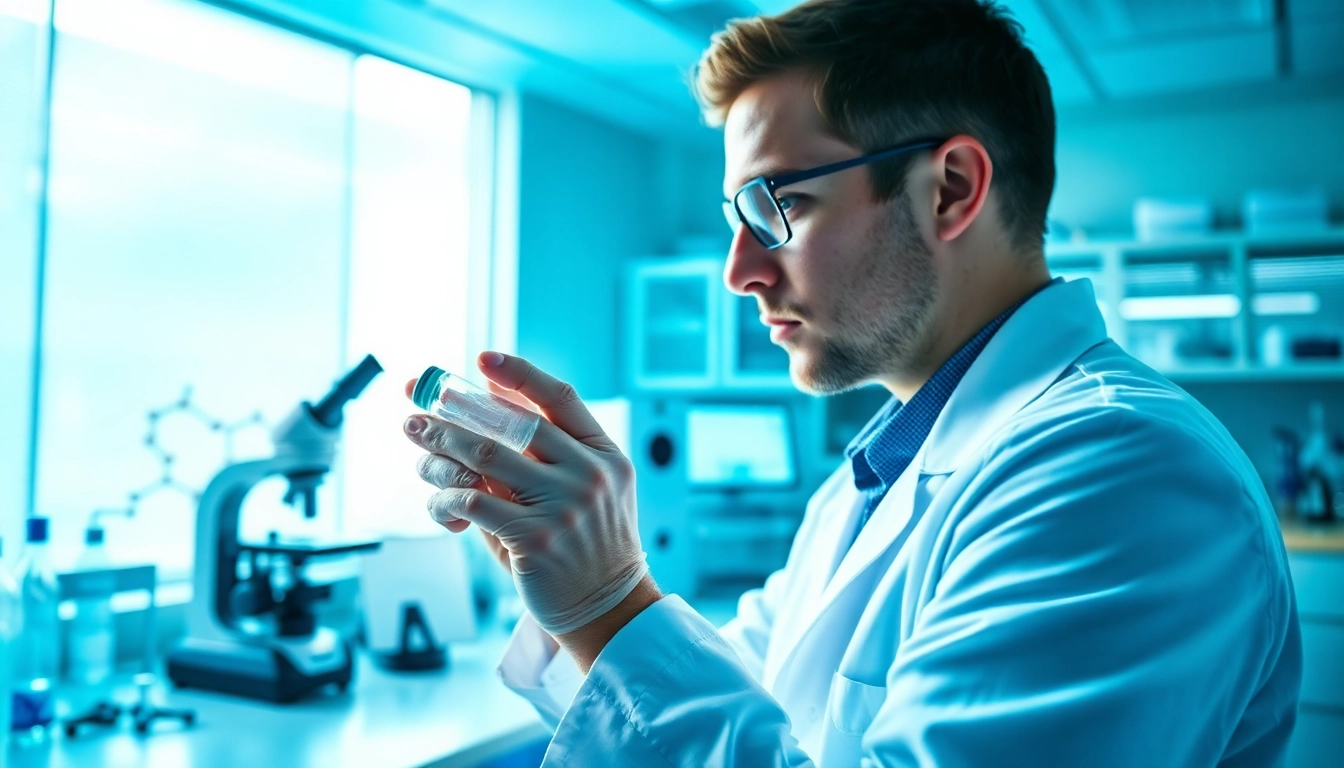 Highlighting Peptides UK, a researcher examines peptide structures in a modern lab setting.
