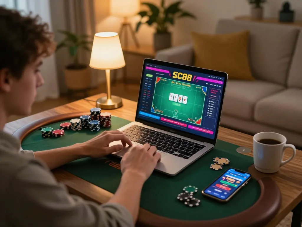 Player enjoying SC88 online casino gaming at home with strategic betting setup.