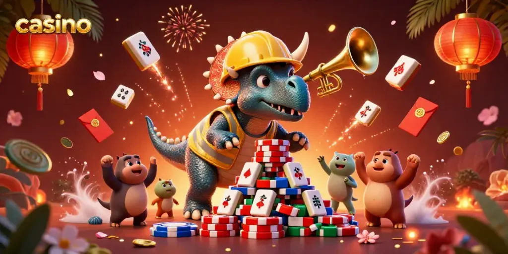 Engaging 3D casino illustration showcasing a triumphant triceratops stacking poker chips amid dynamic game elements.