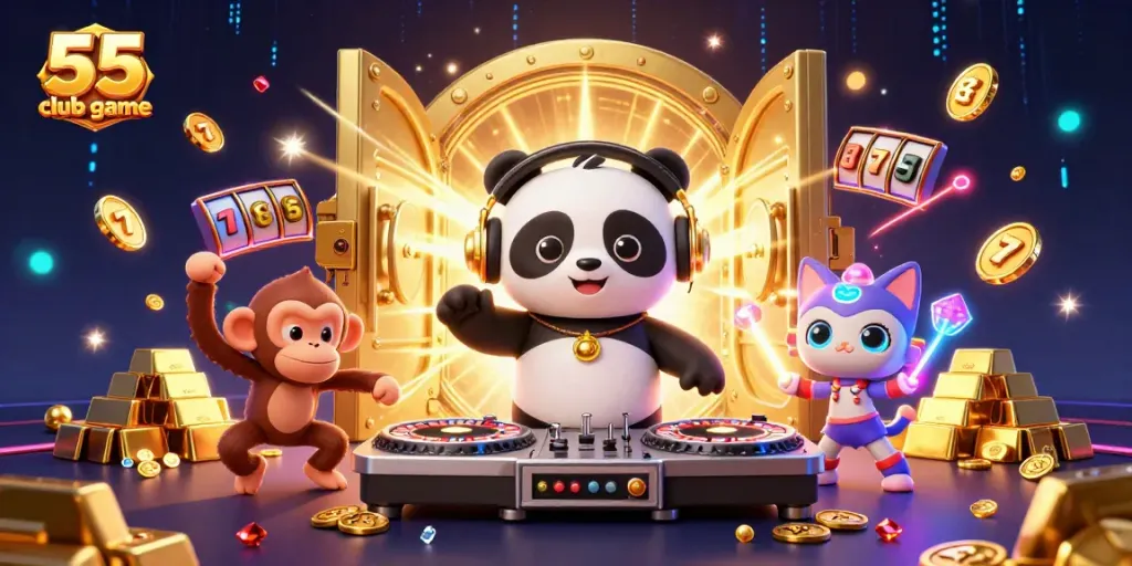 Engaging players at 55 club game with 3D characters in vibrant casino-themed illustration.