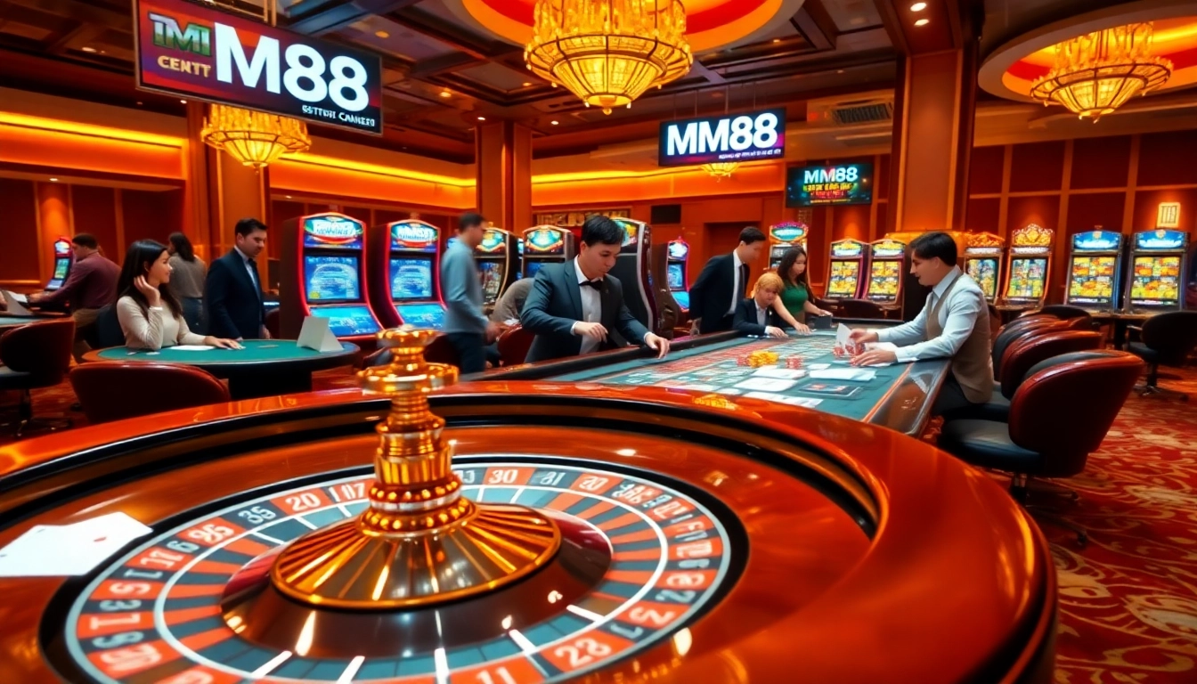 Experience the thrill of gambling at MM88 with a luxurious casino scene featuring roulette tables and enthusiastic players.