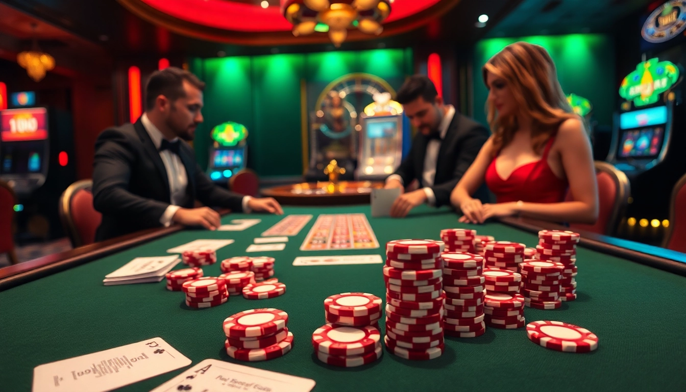 Experience excitement at the 88i casino, featuring a glamorous poker table and thrilling slot machines.