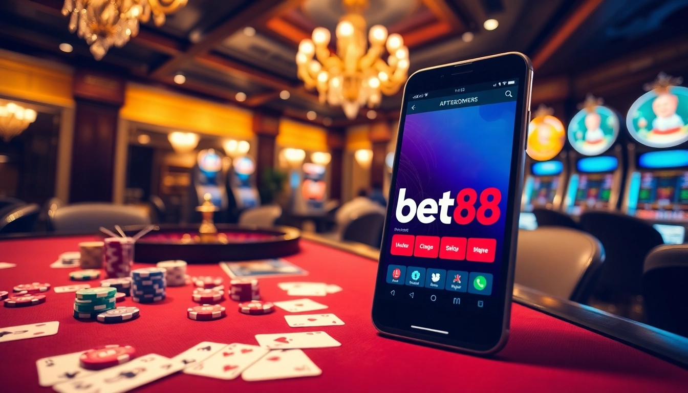 Bet88 app showcasing mobile gambling excitement with casino elements and vibrant atmosphere.