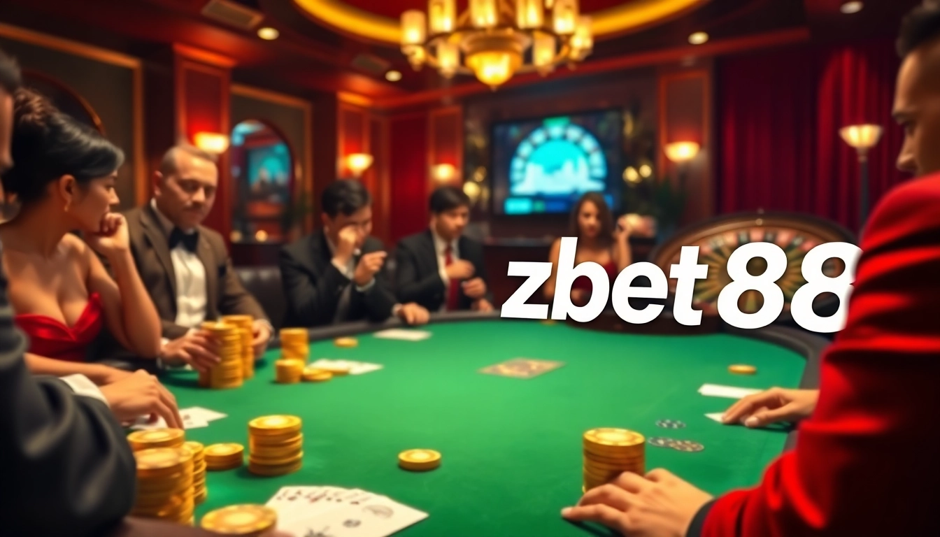 Players strategizing at a high-stakes poker table in a glamorous zbet68 casino.
