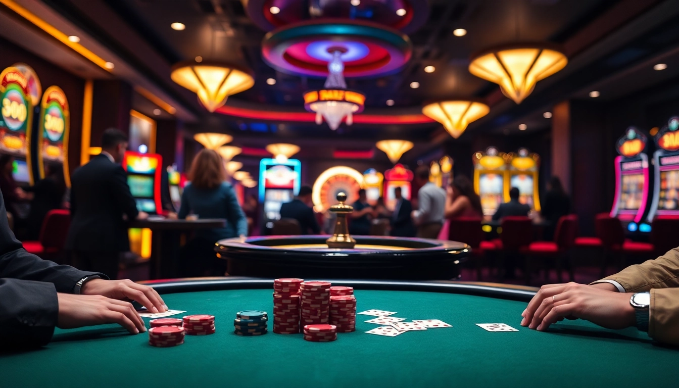 Witness thrilling poker action at okfun's premium casino, showcasing vibrant chips and intense players.