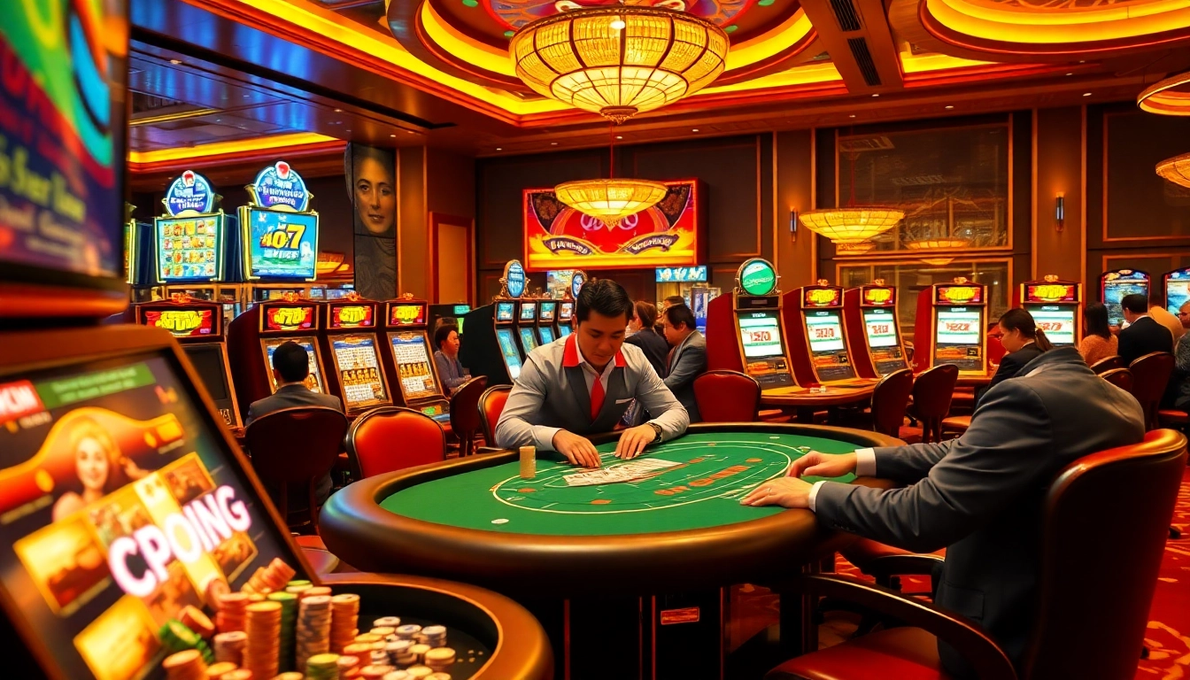 Engaging players at Nhà cái 79KING poker table in a vibrant casino atmosphere.