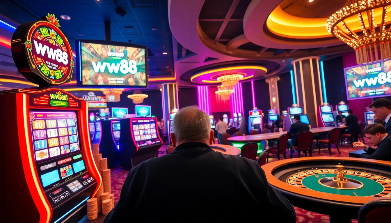 Experience thrilling gameplay at the luxurious ww88 casino with vibrant slot machines and poker tables.