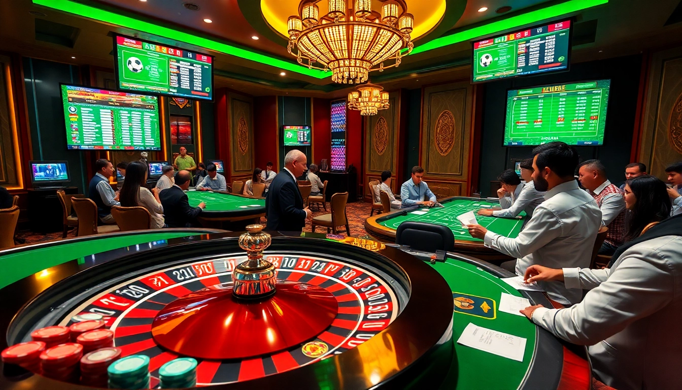 Kèo Bóng Đá betting scene with poker chips and a roulette wheel highlighting soccer odds.