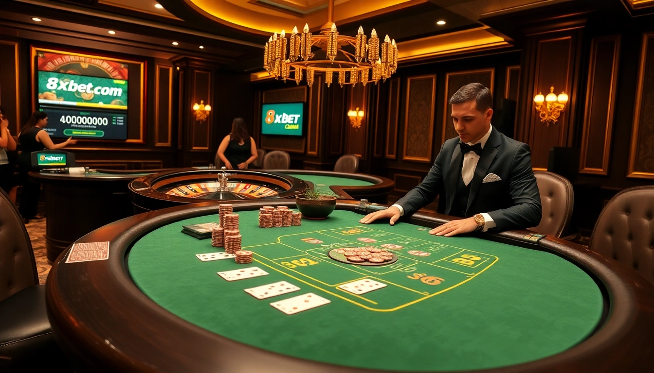 Players betting at an elegant blackjack table with 8xbet.com branding in a vibrant casino scene.