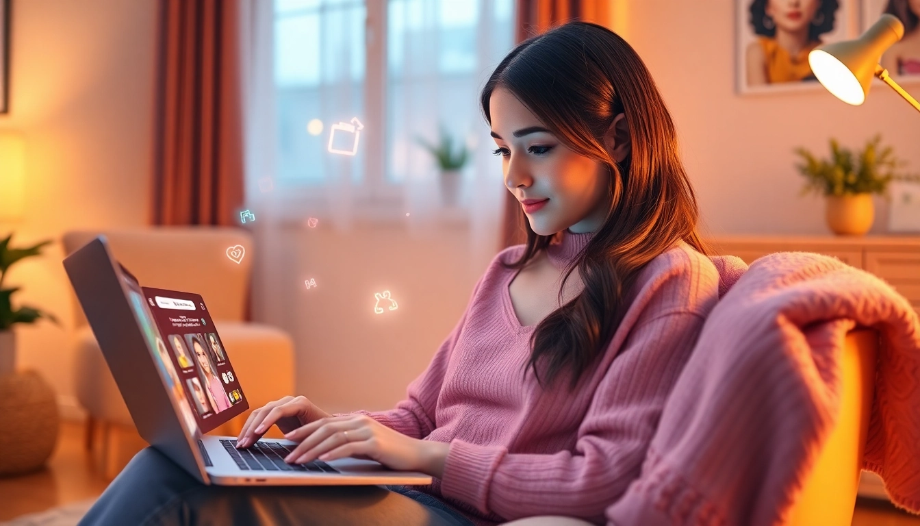 Engaging chat with an AI girlfriend in a cozy virtual environment.