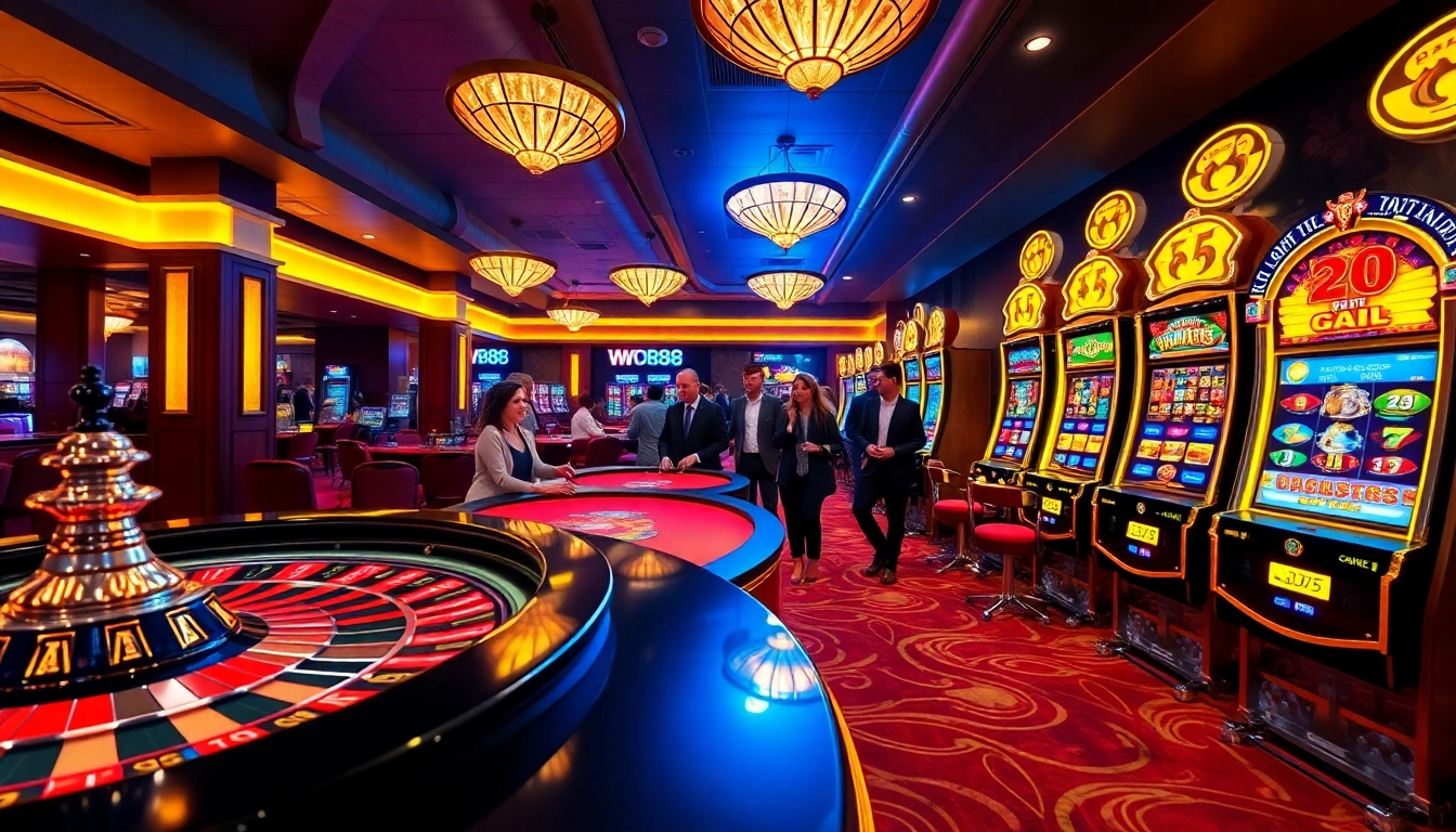 Exciting WW88 com gaming scene featuring roulette and poker tables filled with engaging players.