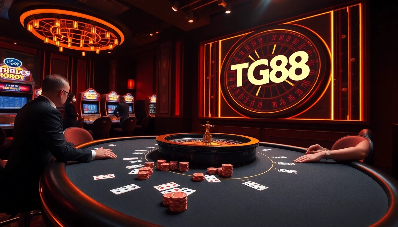 TG88 casino scene showcasing an exciting poker game with vibrant colors and professional atmosphere.