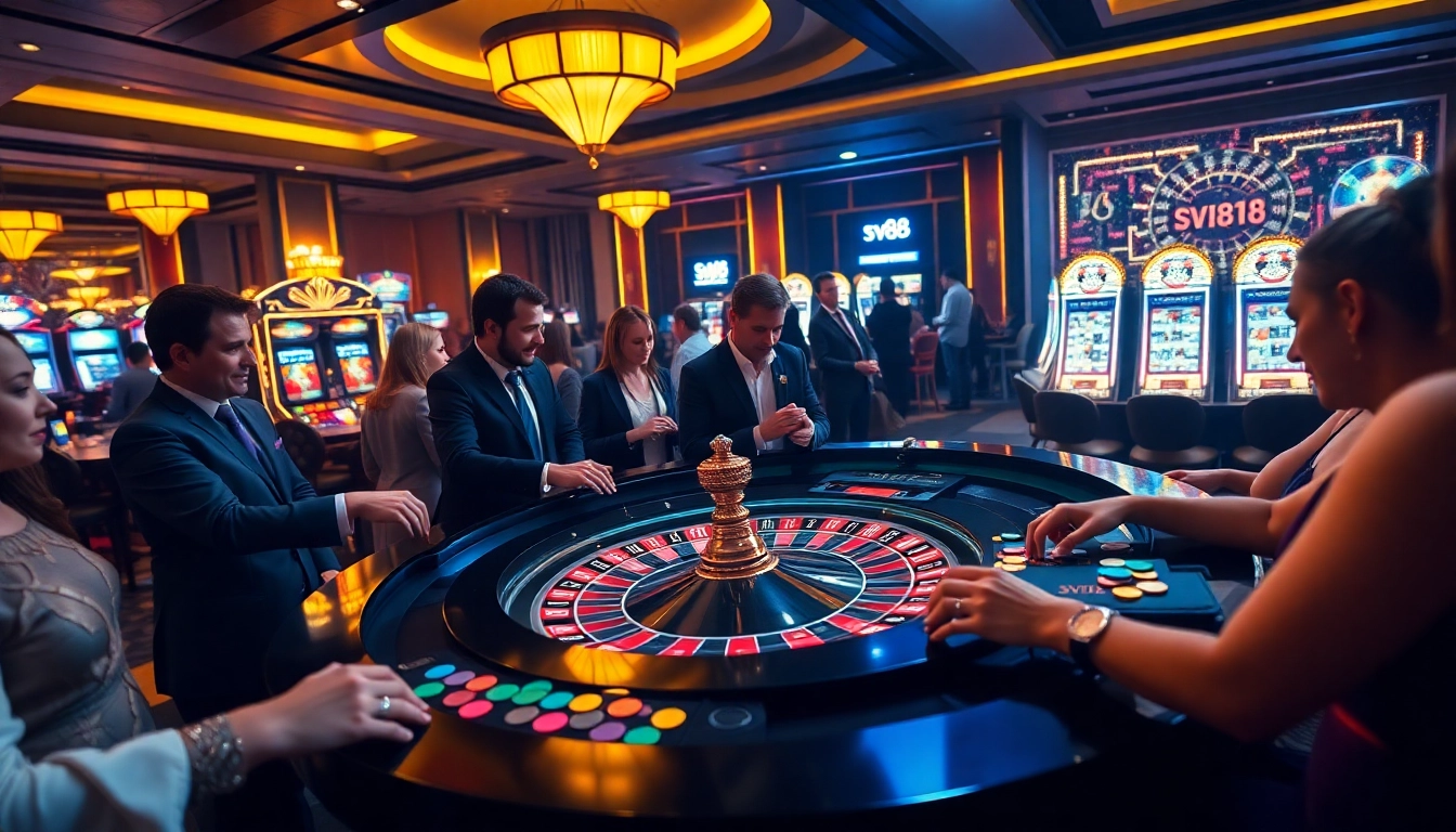 Players engaging at the SV88 casino with vibrant roulette table and colorful chips.