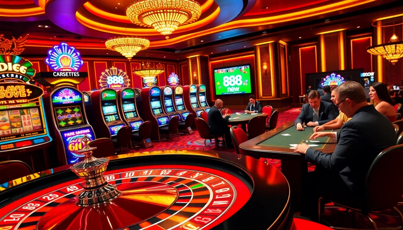 Players engage in thrilling roulette action at 888new casino, surrounded by vibrant slot machines.
