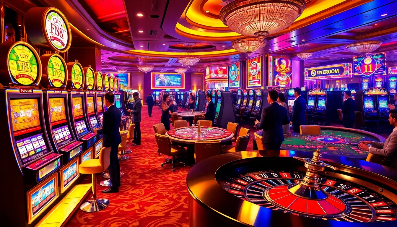 Excited players enjoying slot machines at FIVE 88 casino, embodying luxury and thrill.