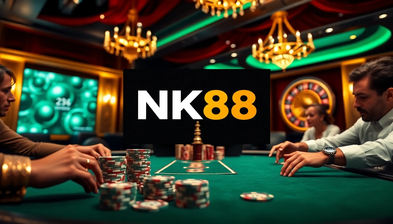 Players enjoying high-stakes poker at NK88 casino, surrounded by shimmering chips and a roulette wheel.