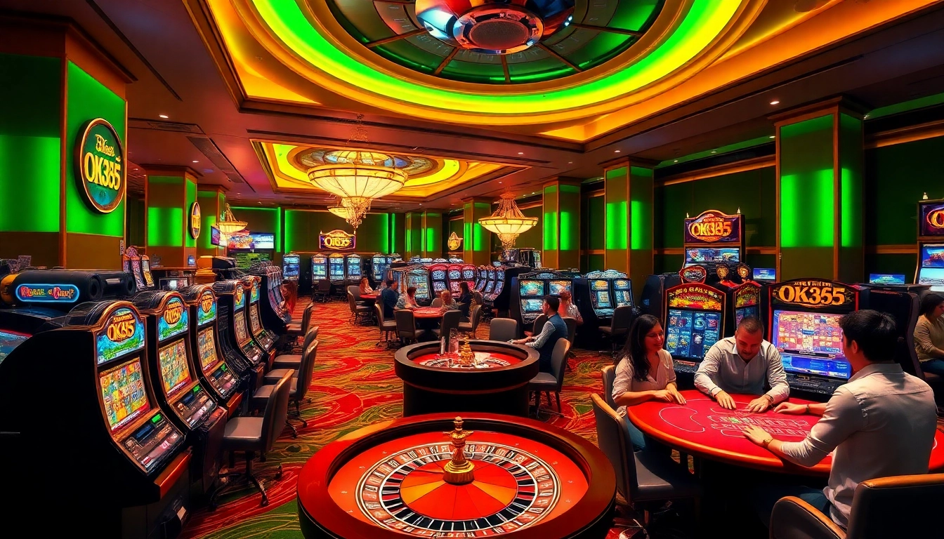 Players enjoy exciting games at OK365's vibrant casino floor, showcasing slot machines and poker tables.