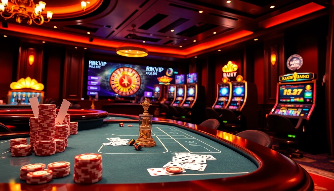 Experience thrilling games at rikvip.gb.net with elegant casino tables and vibrant playing cards.