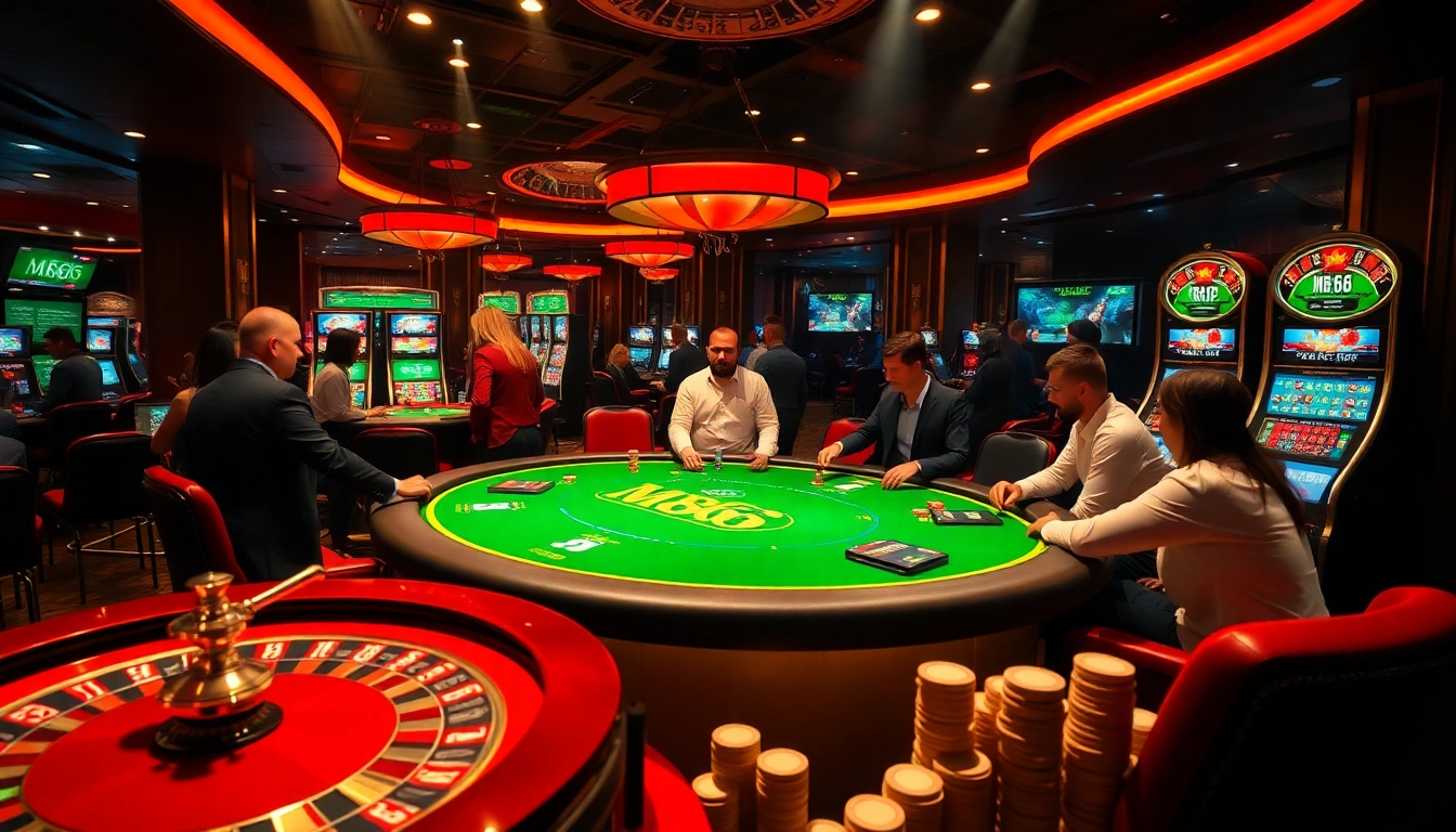 Players experiencing excitement at the MB66 poker table amidst luxurious casino elements.
