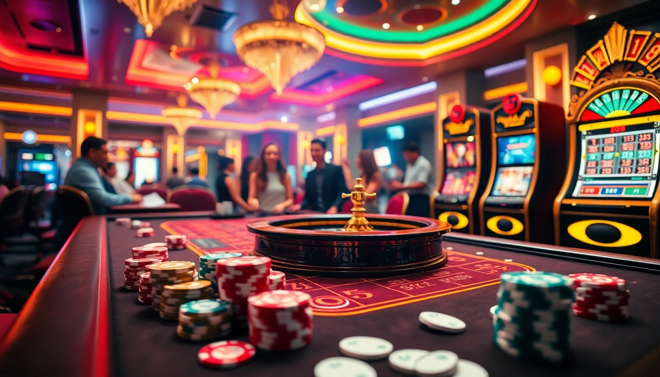 Tải go88 with vibrant gambling scenes at a luxurious casino featuring poker chips and roulette.
