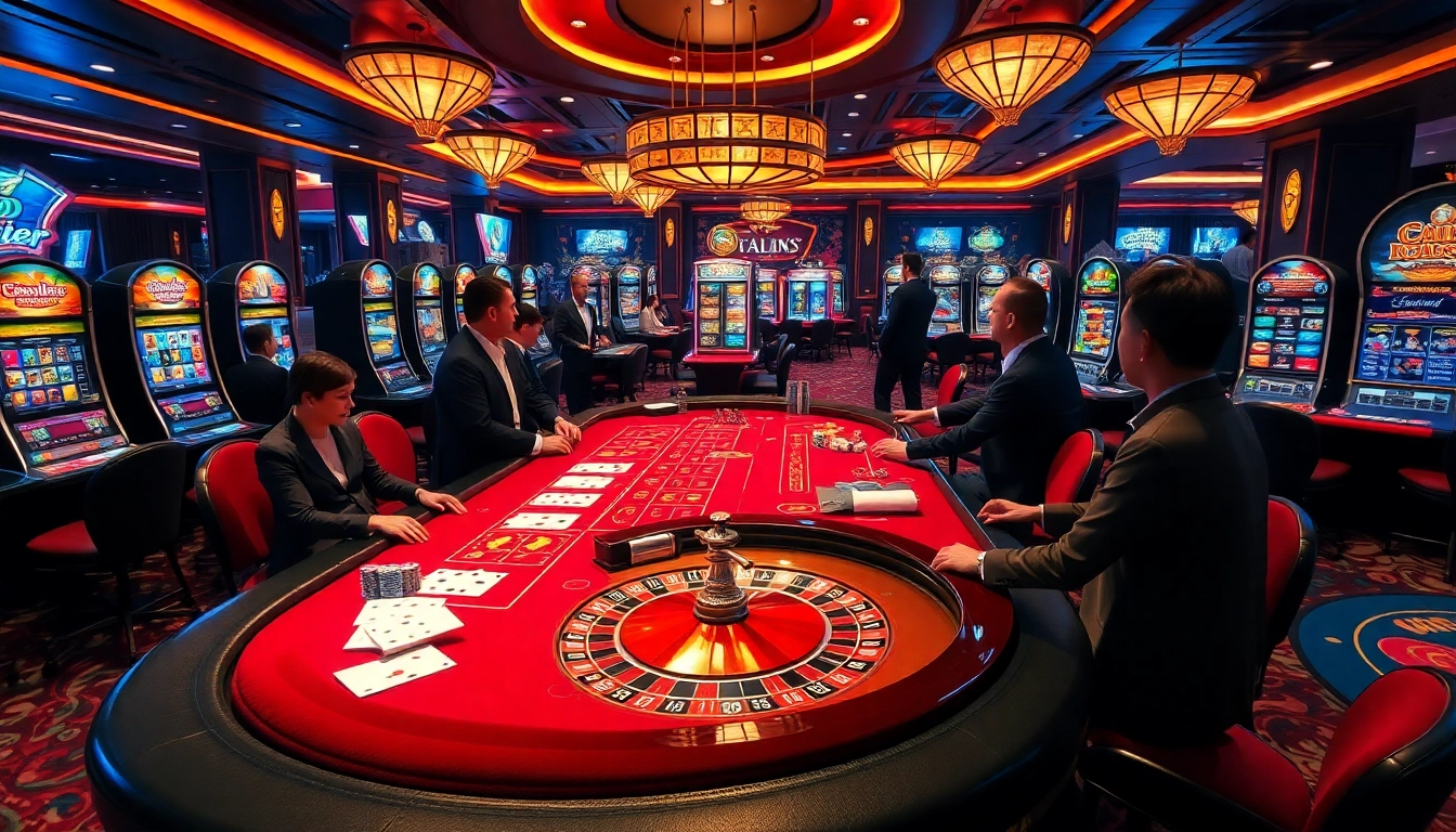 Engaging players at trang chủ uk88 enjoying high-stakes gambling with vibrant slot machines and roulette.