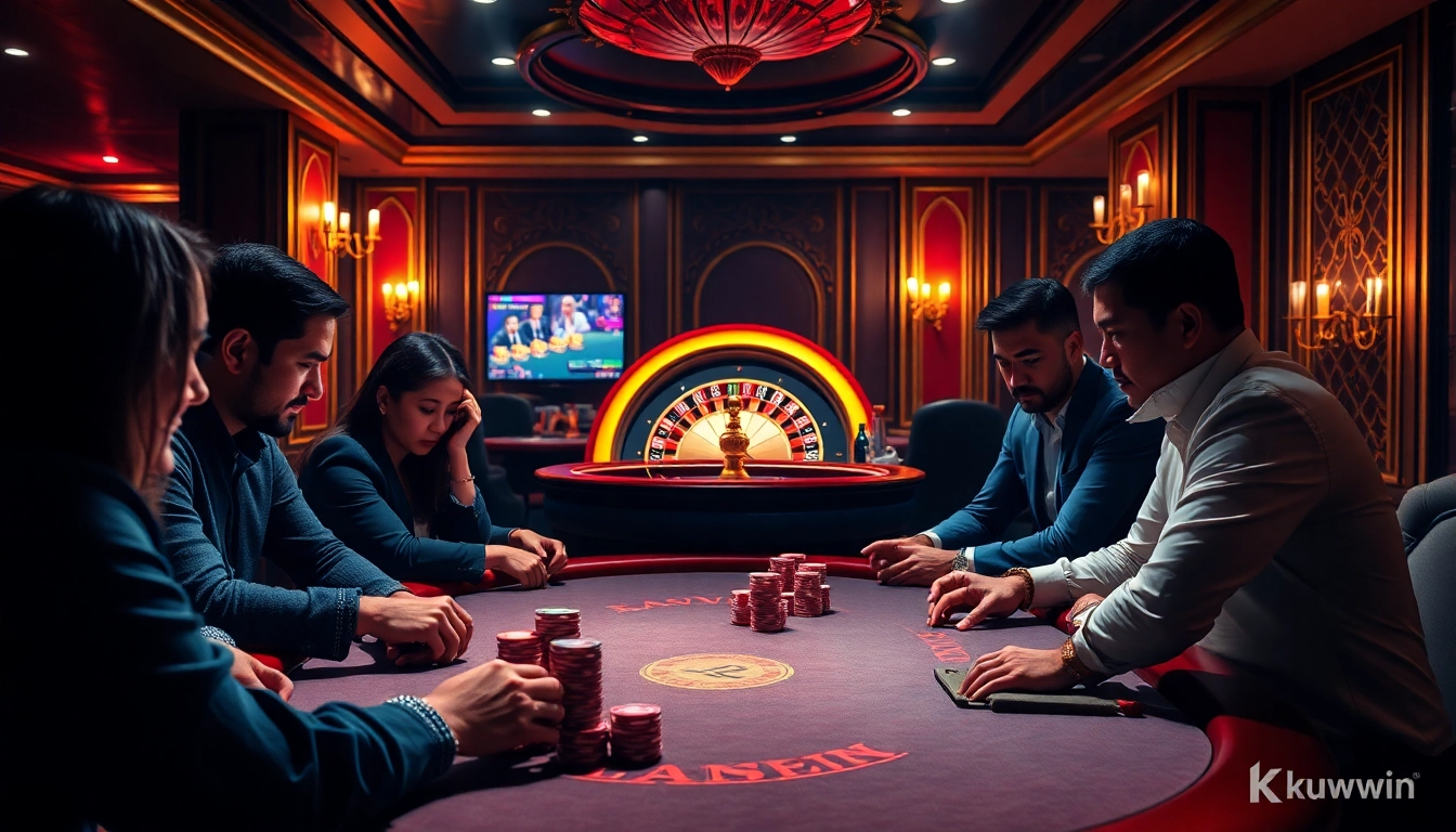 Experience the thrill of casino games with link kuwwin, featuring intense poker action and vibrant decor.