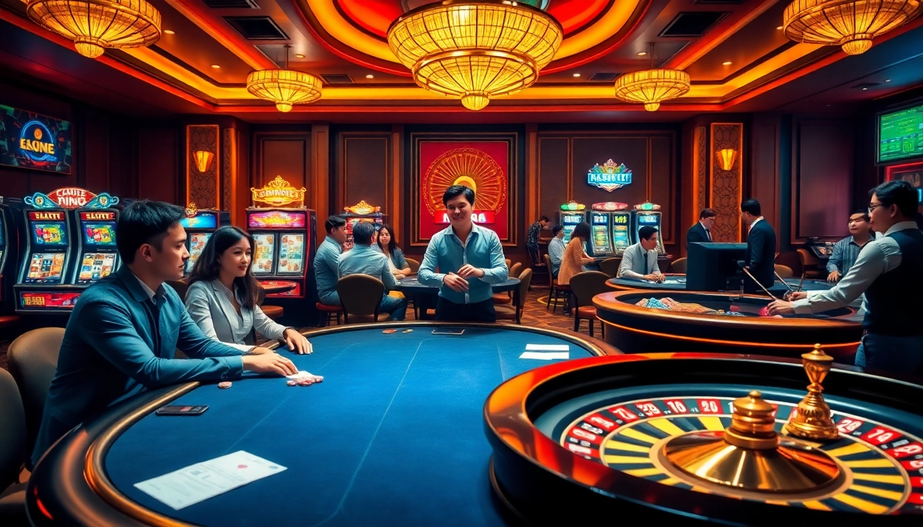 Engaging casino atmosphere with players at tables, showcasing the vibrancy of https://vj88.online/ gaming experiences.