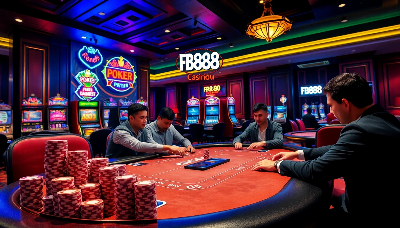 Experience the excitement of Fb88 with a luxury casino scene featuring engaged players and vibrant gameplay.