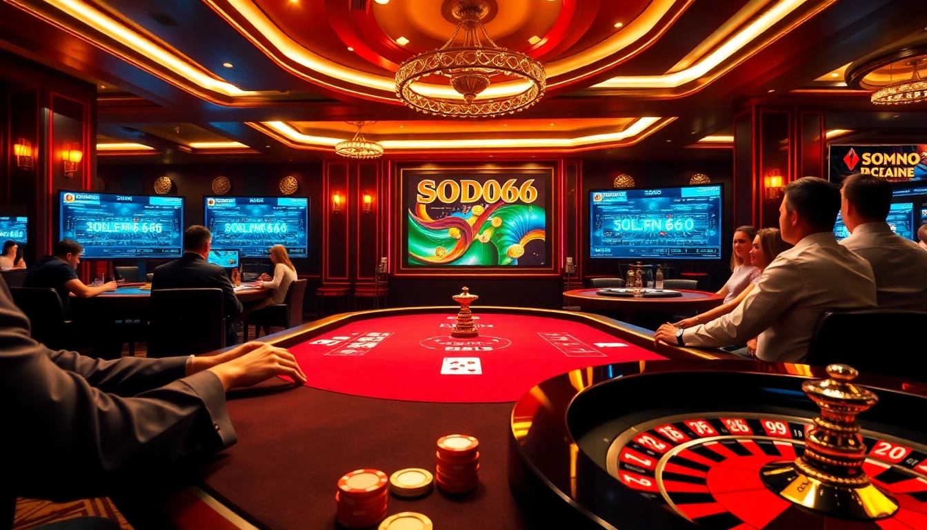 Exciting poker action with players and chips at SODO66 casino table under vibrant lighting.