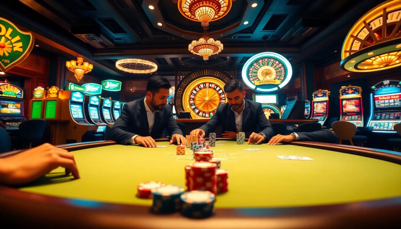 Exciting poker game at a luxurious winvn casino with vibrant chips and cards.