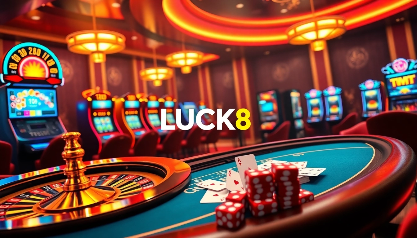 LUCK8 đăng nhập interface with vibrant casino visuals highlighting excitement and luxury.