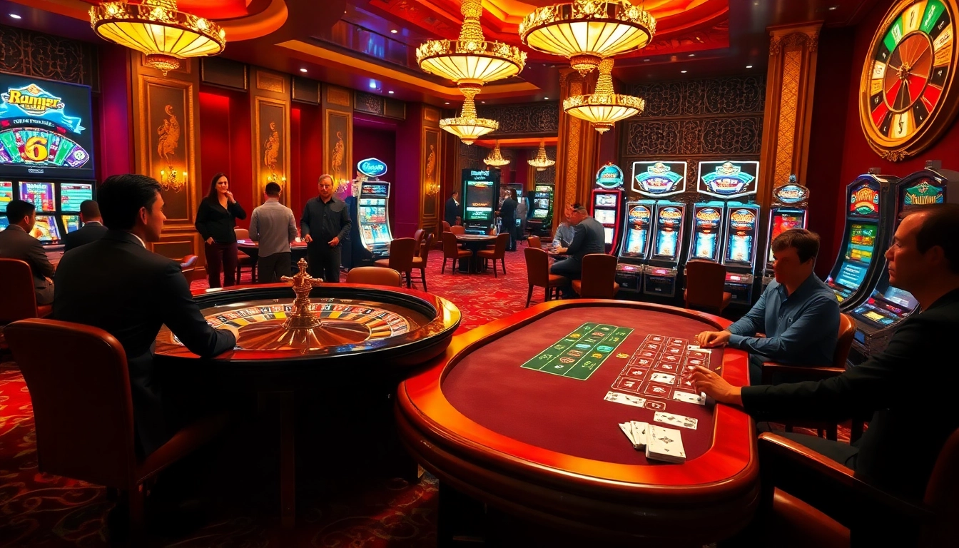 Play exciting games at F168COM's luxurious casino with vibrant tables and slot machines.
