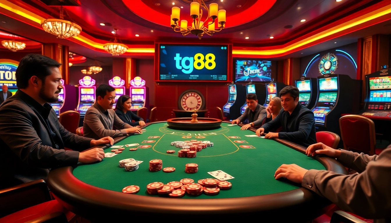 Players engage in a high-stakes poker game at a luxurious tg88-themed casino.