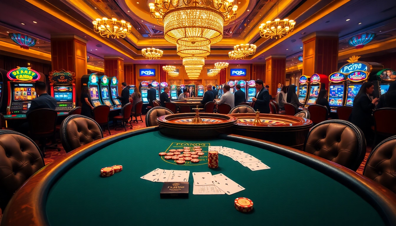 An exhilarating scene at PG99 casino with vibrant slot machines and a luxurious poker table.