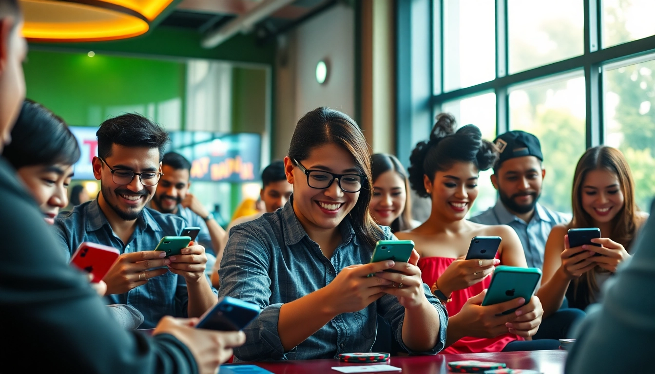 Players enjoying card games at topgamebaidoithuong.mx in a lively gaming lounge.